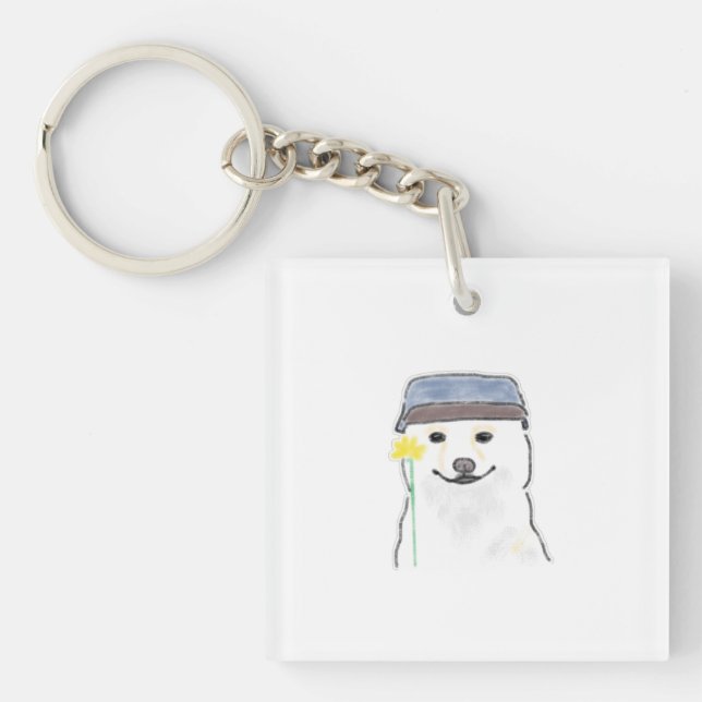 Söt vit hund som bär hatt och håller gul blomma D (Framsidan)