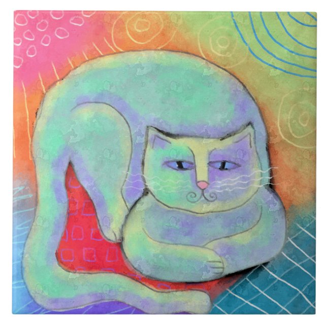 Söt Vit katt Abstrakt Kakelplatta (Framsidan)