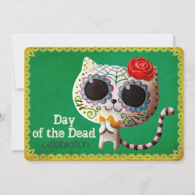 Söt vit katt Dia de Los Muertos-festinvitation Inbjudningar (Framsida)