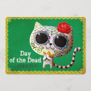 Söt vit katt Dia de Los Muertos-festinvitation Inbjudningar