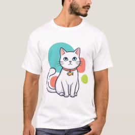 Söt Vit Katt Fisk Krage T Shirt