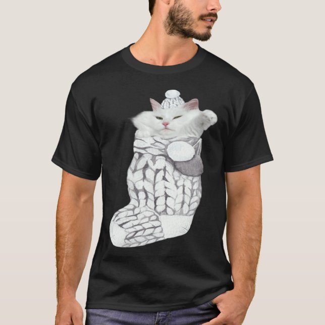 Söt Vit Katt Fluffig Stickad Strumpa Jul T Shirt (Framsida)