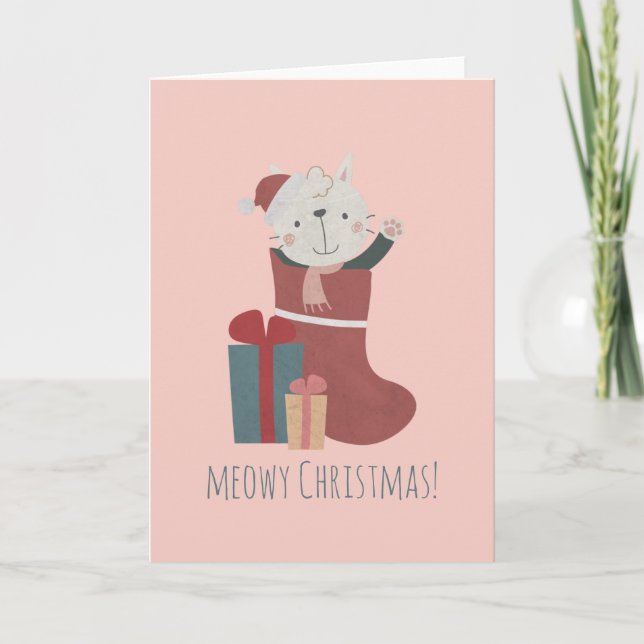 Söt vit katt i julstrumpor kort (Framsida)
