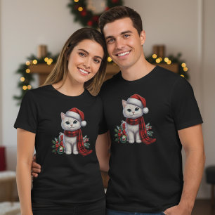 Söt vit katt i tomteluva & halsduk jul t shirt