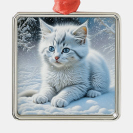 Söt vit katt leker i snön jul julgransprydnad metall