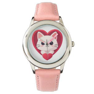 Söt vit katt med hjärta Kawaii Kitty Kärleksdesign Armbandsur