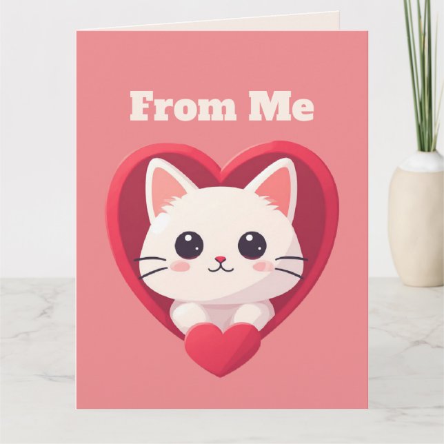 Söt vit katt med hjärta Kawaii Kitty Kärleksdesign Kort (Framsida)