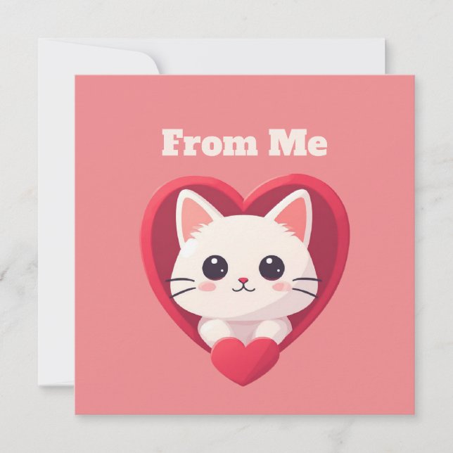 Söt vit katt med hjärta Kawaii Kitty Kärleksdesign Kort (Framsida)