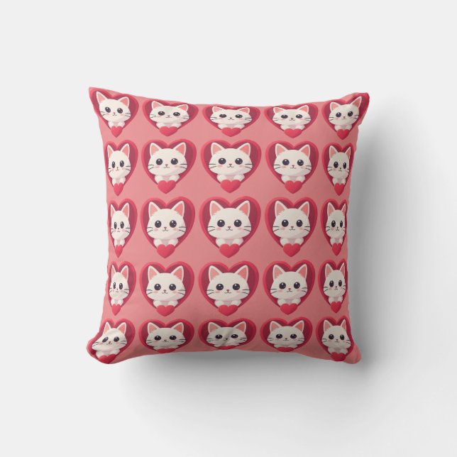 Söt vit katt med hjärta Kawaii Kitty Kärleksdesign Kudde (Framsida)