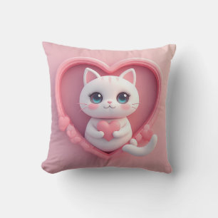 Söt vit katt med hjärta Kawaii Kitty Kärleksdesign Kudde