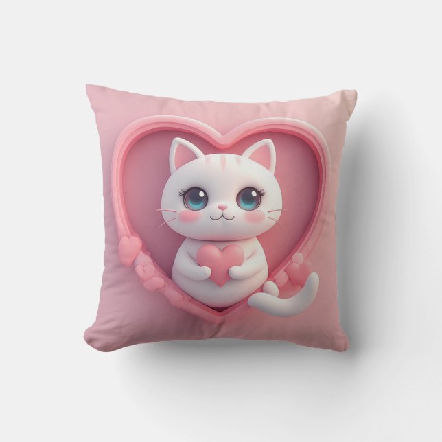 Söt vit katt med hjärta Kawaii Kitty Kärleksdesign Kudde (Framsida)