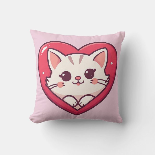 Söt vit katt med hjärta Kawaii Kitty Kärleksdesign Kudde (Framsida)