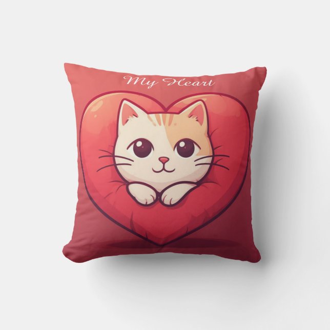 Söt vit katt med hjärta Kawaii Kitty Kärleksdesign Kudde (Framsida)