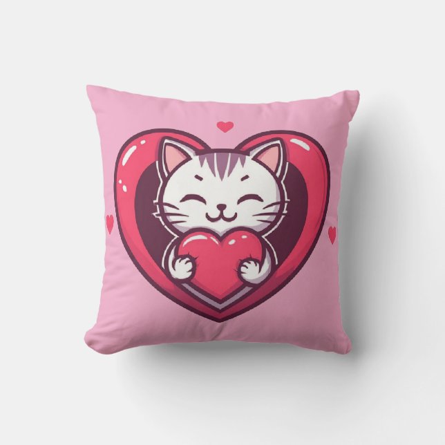 Söt vit katt med hjärta Kawaii Kitty Kärleksdesign Kudde (Framsida)