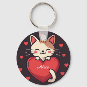 Söt vit katt med hjärta Kawaii Kitty Kärleksdesign Nyckelring