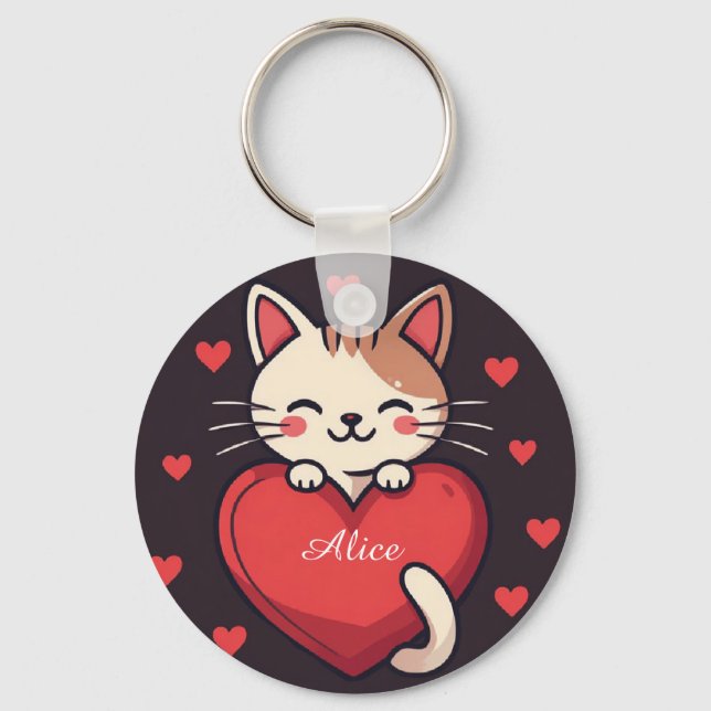 Söt vit katt med hjärta Kawaii Kitty Kärleksdesign Nyckelring (Framsida)