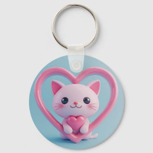 Söt vit katt med hjärta Kawaii Kitty Kärleksdesign Nyckelring
