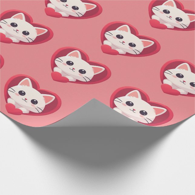 Söt vit katt med hjärta Kawaii Kitty Kärleksdesign Presentpapper (Hörn)