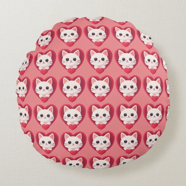 Söt vit katt med hjärta Kawaii Kitty Kärleksdesign Rund Kudde (Framsidan)