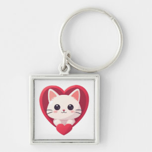 Söt Vit Katt med Hjärtat Kawaii Kitty Kärleksdesig Fyrkantig Silverfärgad Nyckelring