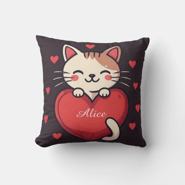 Söt Vit Katt med Hjärtat Kawaii Kitty Kärleksdesig Kudde (Framsida)