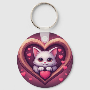 Söt Vit Katt med Hjärtat Kawaii Kitty Kärleksdesig Nyckelring