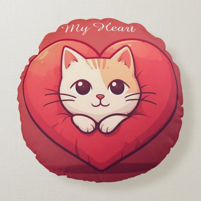 Söt Vit Katt med Hjärtat Kawaii Kitty Kärleksdesig Rund Kudde (Framsidan)