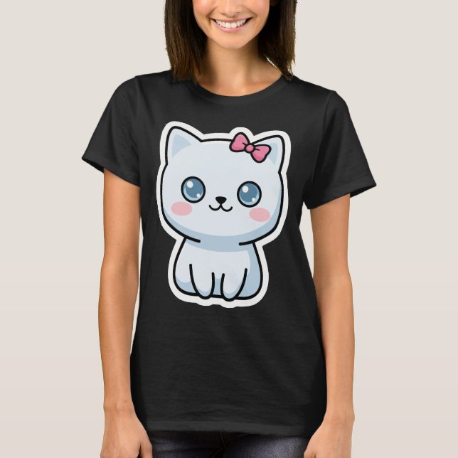 Söt vit katt med rosa rosett t shirt (Framsida)