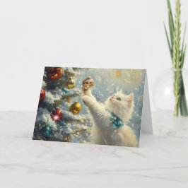 Söt vit katt och julgran helgkort