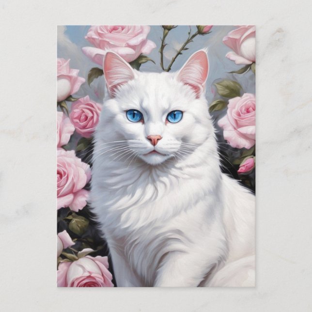 Söt vit katt och rosa ros vykort (Framsida)