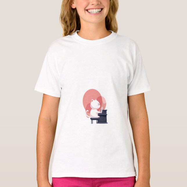 Söt vit katt som spelar piano barn t shirt (Framsida)