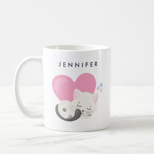 Söt Vit Kattunge Katt Sovande Kaffemugg