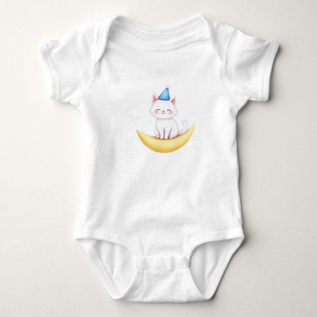 Söt Vit Kattunge på Måne T-Shirt (Framsida)
