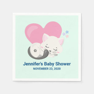 Söt Vit Kattunge Sovande Baby Shower Pappersservett
