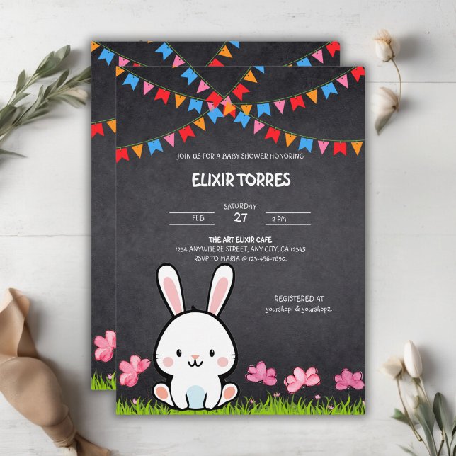Söt vit kritskrift kanin bebis-babyshower inbjudningar (Skapare uppladdad)