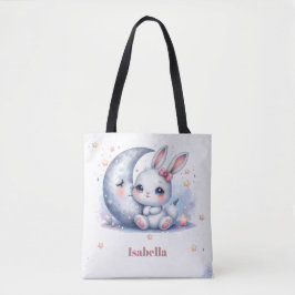 Söt, vit, liten bunny och måne tygkasse