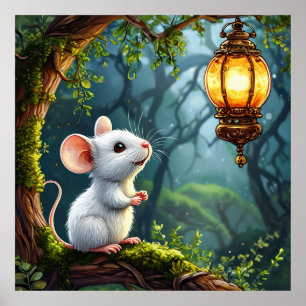 🐭🏮 Söt Vit Mus Lykta Natt Mysig Konst ✨ Poster