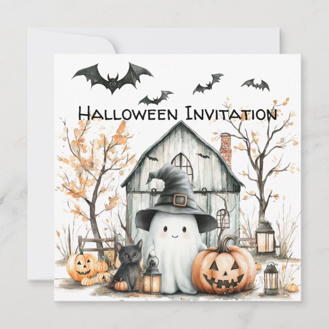 Söt vit och orange spöke med höstladugård inbjudningar (Framsida)