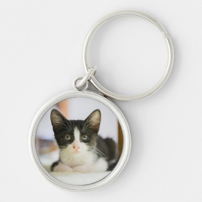 Söt vit- och svartkattunge rund silverfärgad nyckelring (Framsidan)