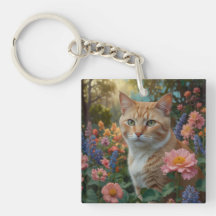 Söt vit orange katt i blomsterträdgård