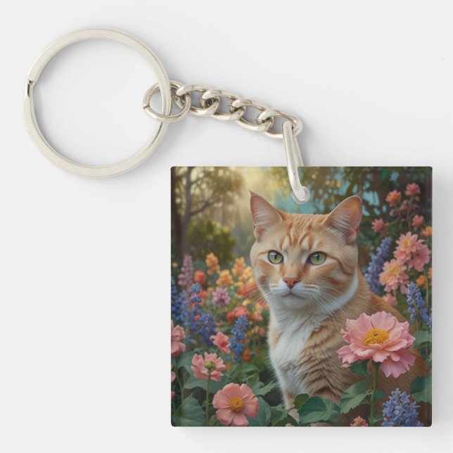 Söt vit orange katt i blomsterträdgård (Framsidan)