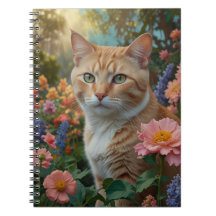 Söt vit orange katt i blomsterträdgård