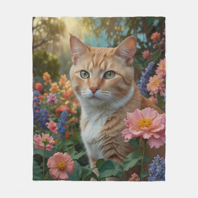 Söt vit orange katt i blomsterträdgård fleecefilt (Framsidan)