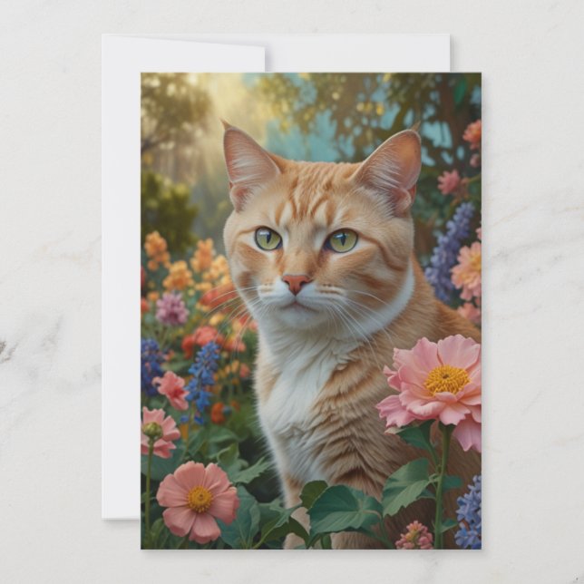 Söt vit orange katt i blomsterträdgård inbjudningar (Framsida)