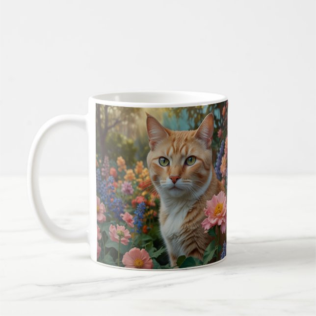 Söt vit orange katt i blomsterträdgård kaffemugg (Vänster)
