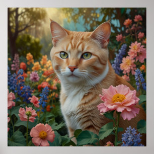 Söt vit orange katt i blomsterträdgård poster