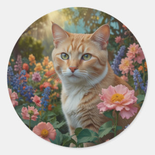 Söt vit orange katt i blomsterträdgård runt klistermärke