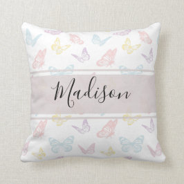 Söt vit pastellfjärilsmönstrad monogram kudde