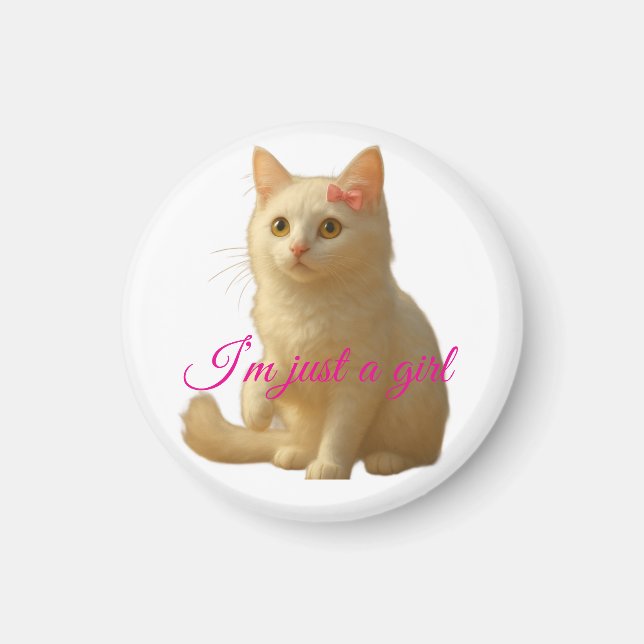 Söt vit perserkat "Jag är bara en tjej" Rosa text Magnet (Framsidan)