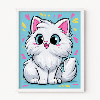 Söt vit persisk katt Pop Art-serietecknad film Poster